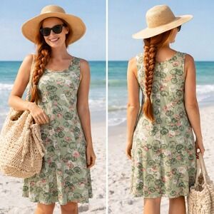 Denim & Co Green Seashell Print Sleeveless Shift Dress with Pockets Mens M